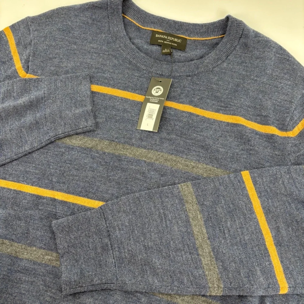 Banana Republic Sweater Mens L Blue NWT Merino Wool Stripe Crew Neck Long Sleeve